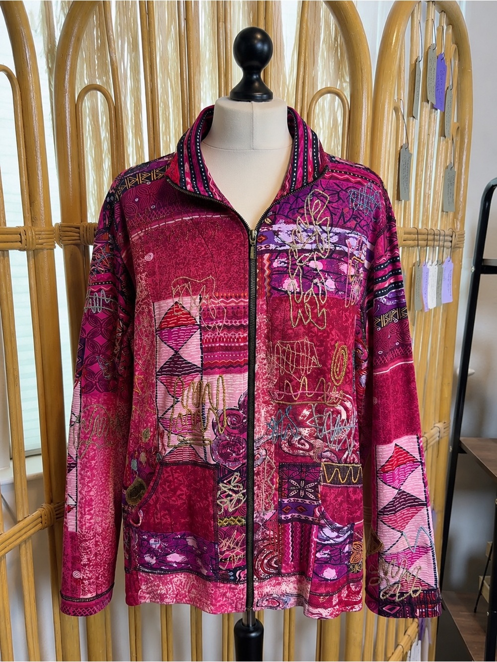 Chico's Spa Pink and Magenta embroidered Patterned zip up cotton jacket
